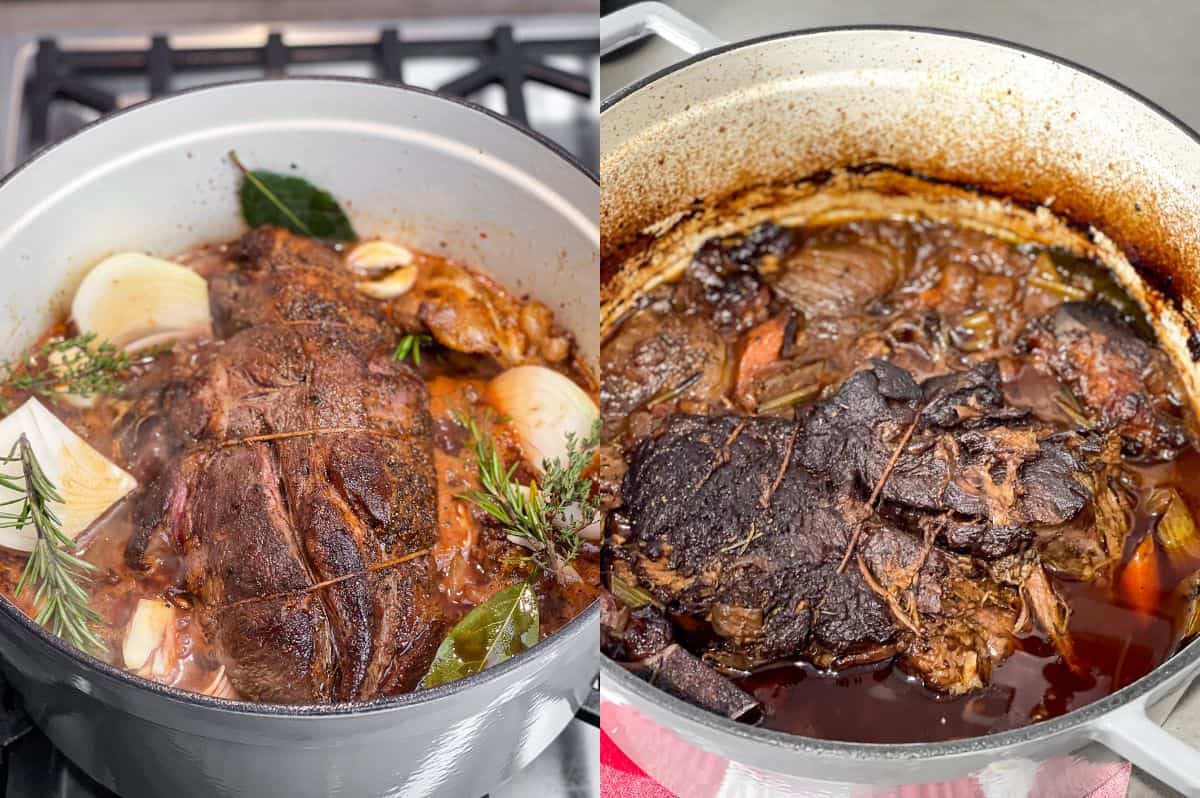 Craving a cozy meal? This red wine pot roast is it! With tender meat and rich flavors, it’s an indulgent dish made for chilly nights. before and after images of pot roast going into the oven and pot roast coming out.