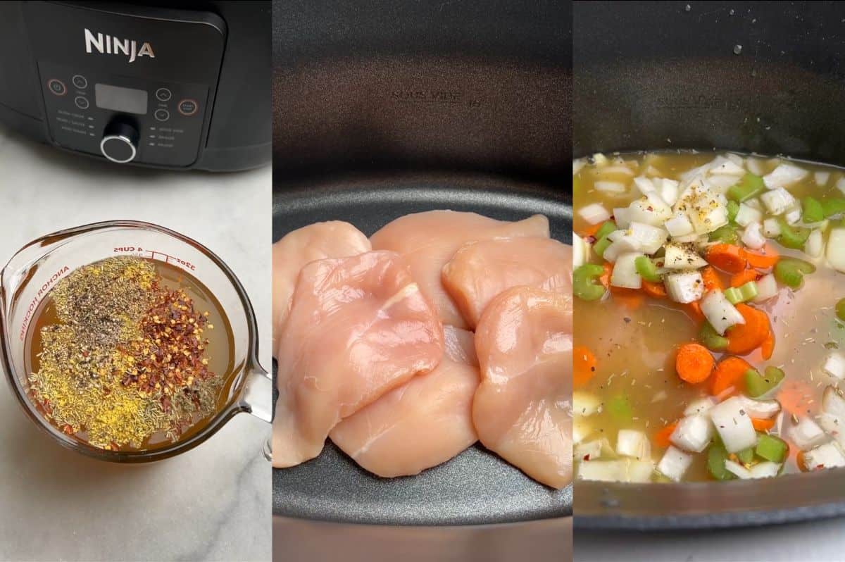 Slow-cooker creamy chicken noodle soup is finished with cream, Parmesan, and fresh lemon. It's a fun spin on a classic comfort food fave. Step-by-step photos of how to load a crockpot with ingredients for chicken noodle soup.
