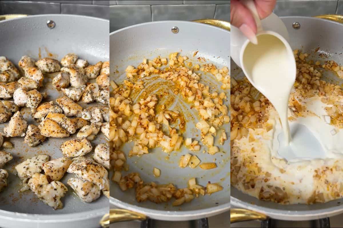 Step-by-step collage for pesto chicken pasta bake showing the reader how to cook the chicken, saute the aromatics, and build the sauce.