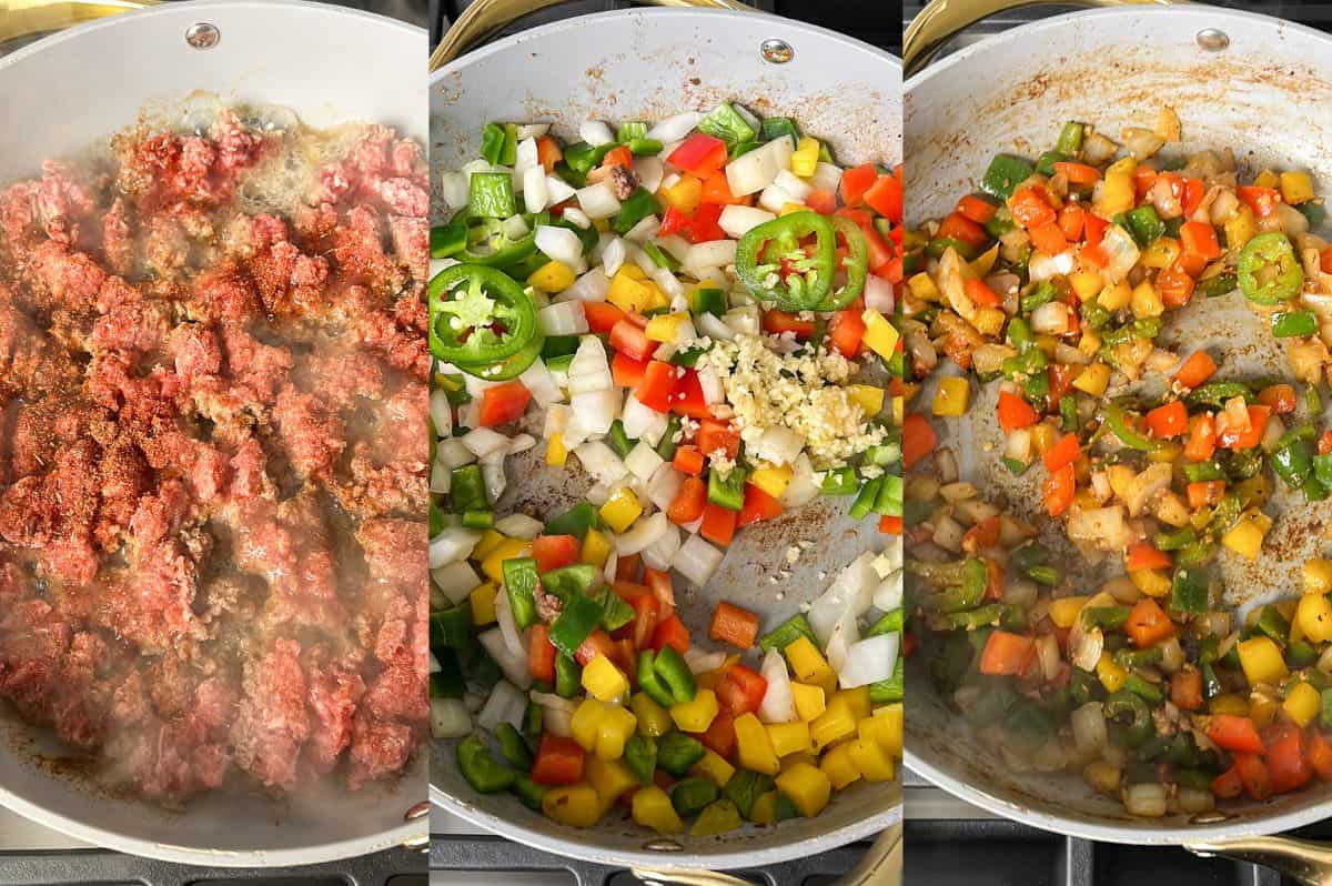 Process images showing how to cook beef and saute veggies for taco mac and cheese.