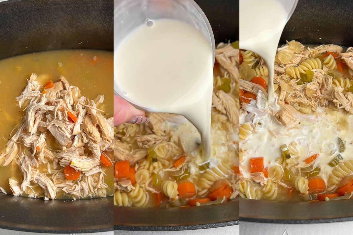 Slow-cooker creamy chicken noodle soup is finished with cream, Parmesan, and fresh lemon. It's a fun spin on a classic comfort food fave. Step-by-step photos of adding cream to chicken noodle soup.