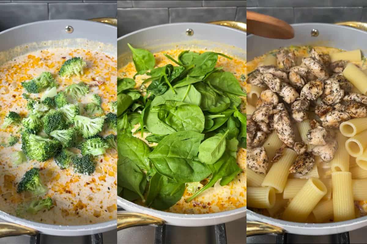 Step-by-step collage for pesto chicken pasta bake showing the reader how to add the veggies to the sauce followed by the pasta and chicken.