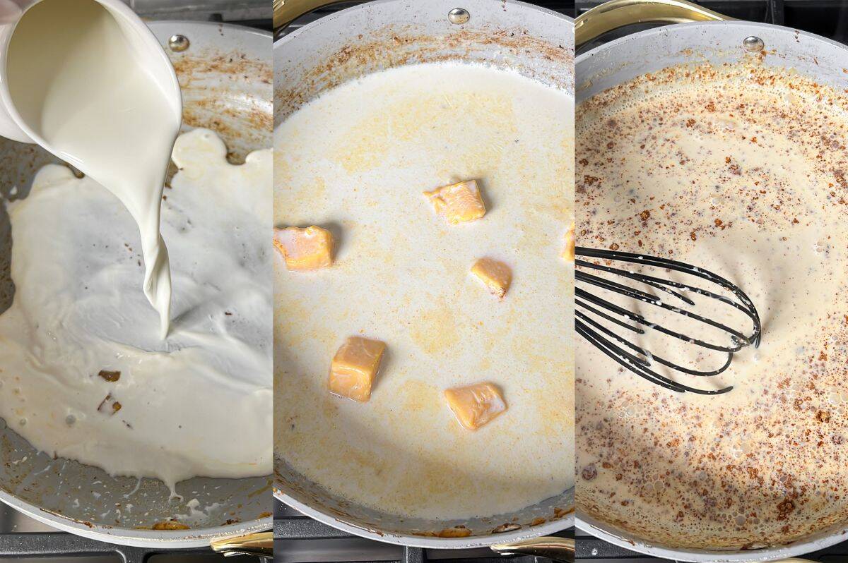 Process images showing how to build the cheese sauce for taco mac and cheese.