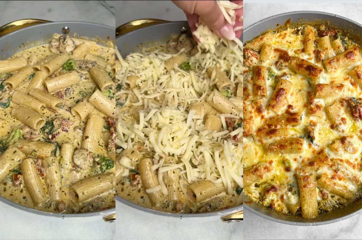 Step-by-step collage for pesto chicken pasta bake showing the reader how to add cheese to the pasta dish and broil it to bubbly perfection.