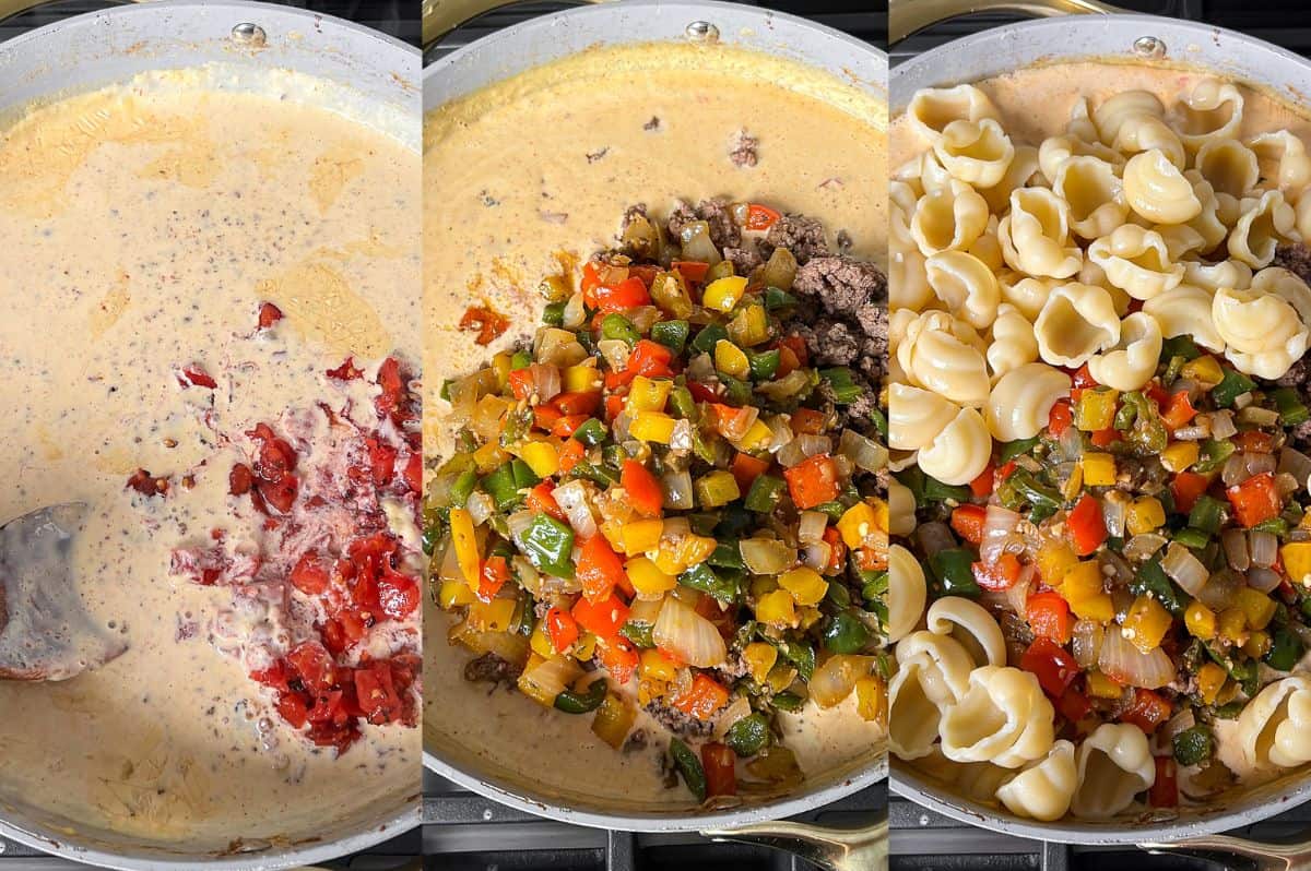 Process images showing how to combine all the components of taco mac and cheese.