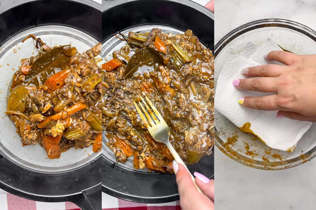 Craving a cozy meal? This red wine pot roast is it! With tender meat and rich flavors, it’s an indulgent dish made for chilly nights. Collage of images showing how to get as much of the cooking liquid out of pot roast veggies.