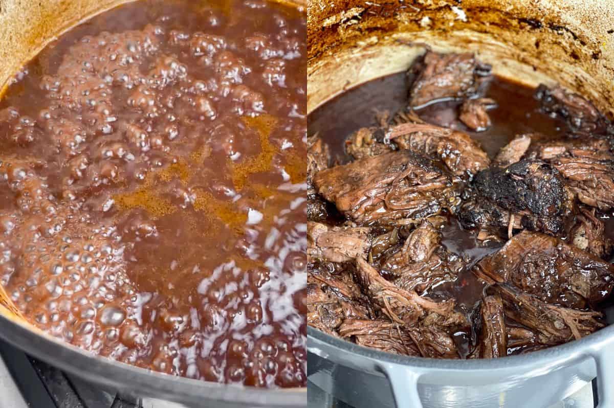 collage of images showing how to make a red wine reduction sauce and then add pot roast to it.
