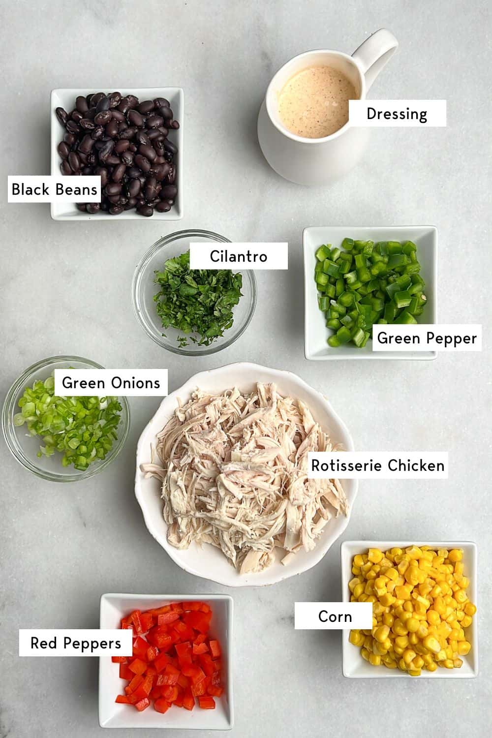 Ingredients measured out for southwest chicken salad