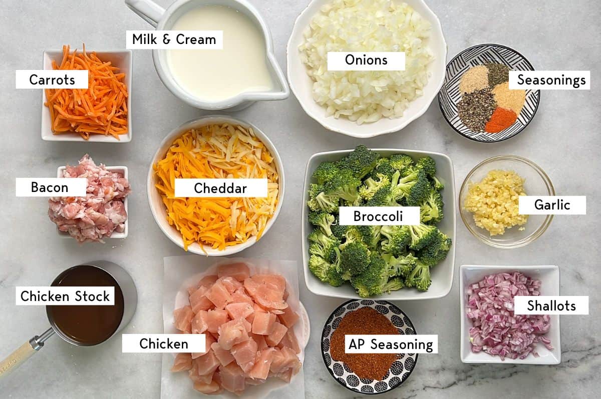 ingredients needed for cheesy broccoli soup with chicken and bacon