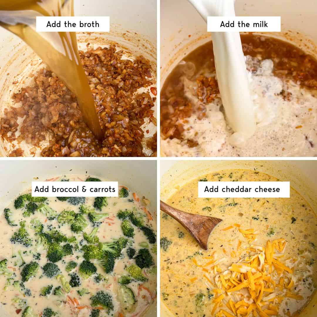 step by step instructions on how to make the chicken broccoli cheddar soup