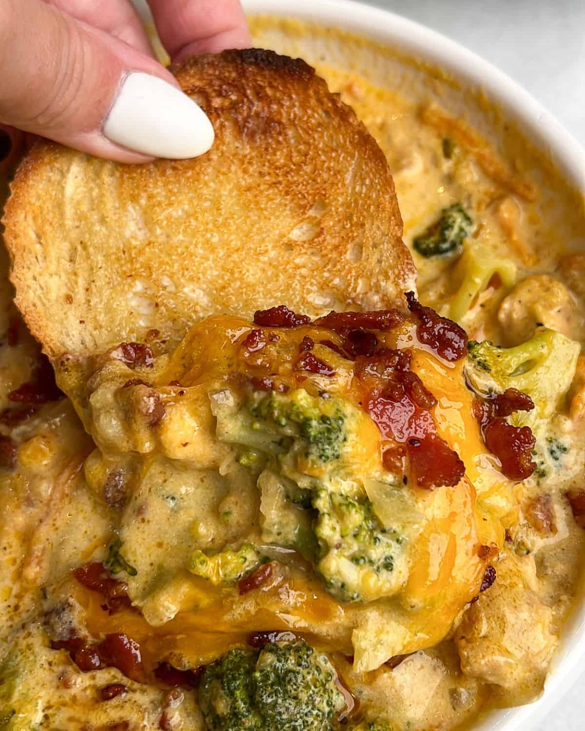 buttered toast dipping into a bowl of chicken broccoli cheddar soup