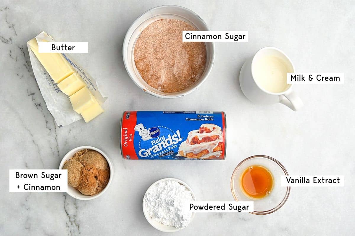 Labeled ingredients for cinnamon roll bites.