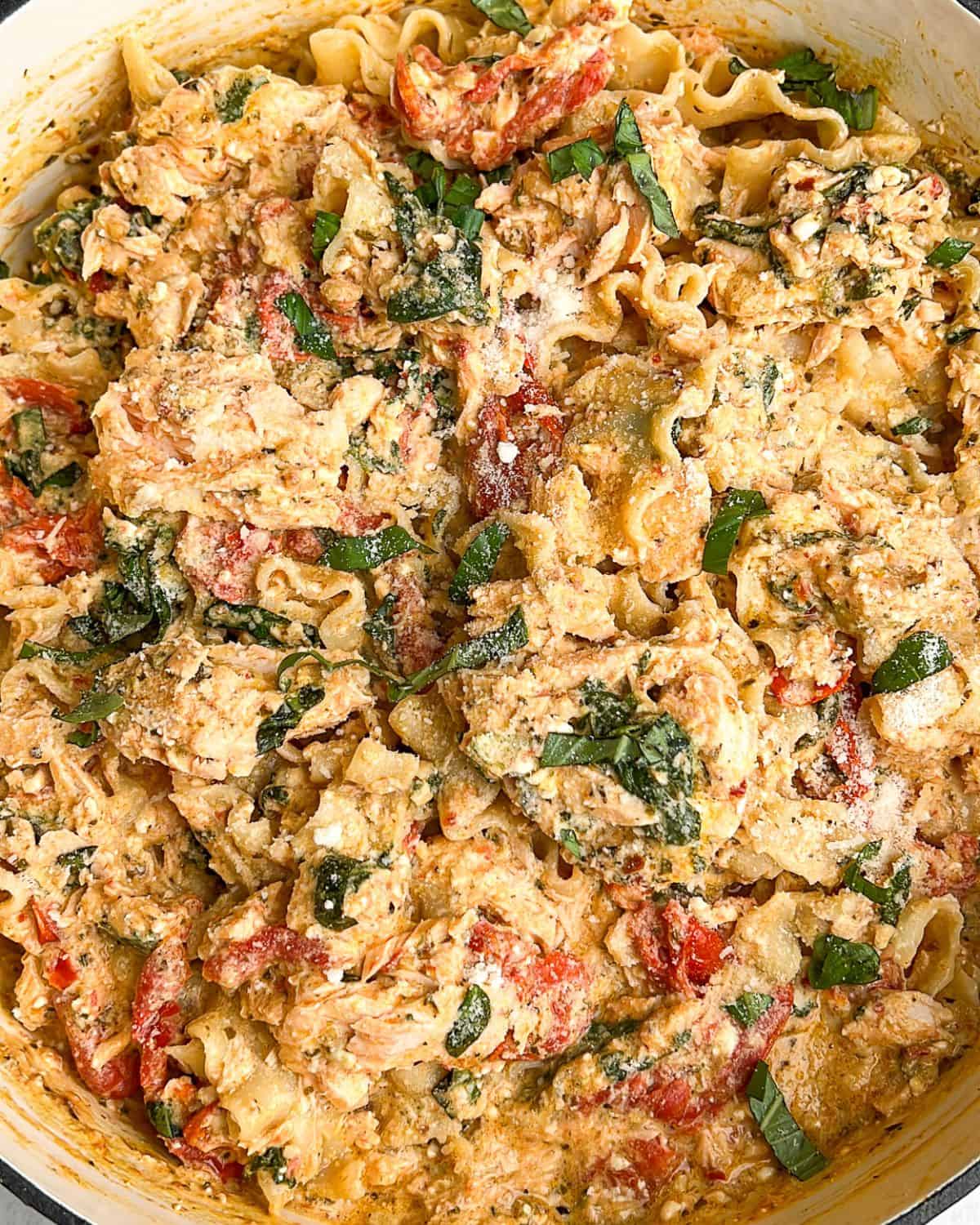 Feta tomato pasta all tossed together.