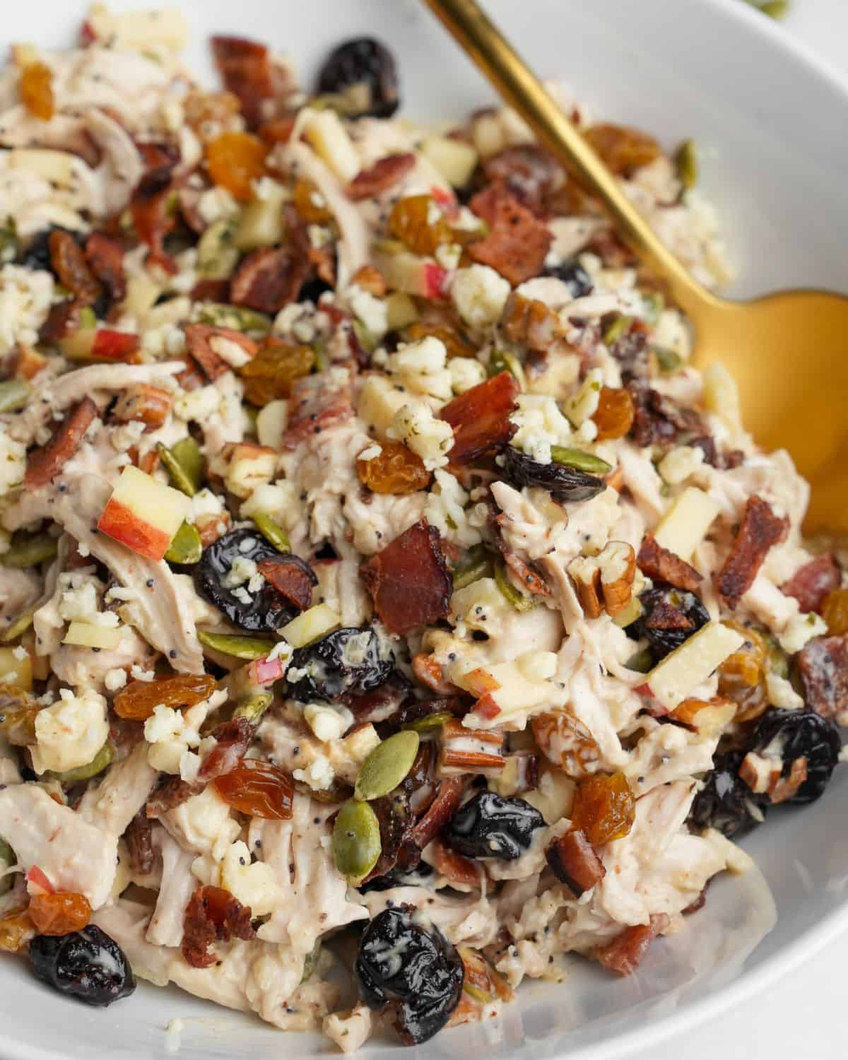 Chicken salad with apples in a bowl.