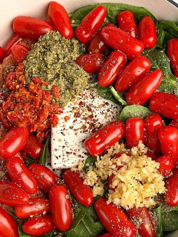 Featured image for feta tomato pasta with salmon.