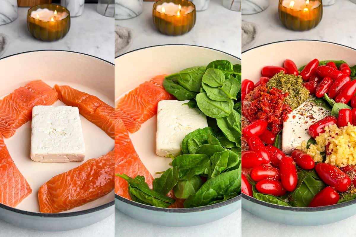 Process images of loading a pan up with feta, salmon, spinach, tomatoes, garlic, pesto, chiles, and seasonings.