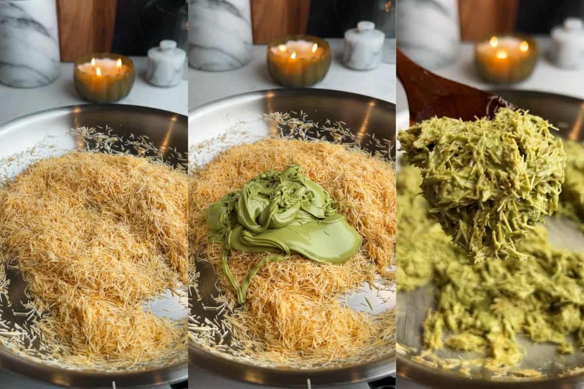 With layers of crispy kataifi, pistachio cream, and chocolate whipped cream, this Dubai chocolate cheesecake is a dream come true. Process shots showing toasting kataifi and then adding pistachio cream.