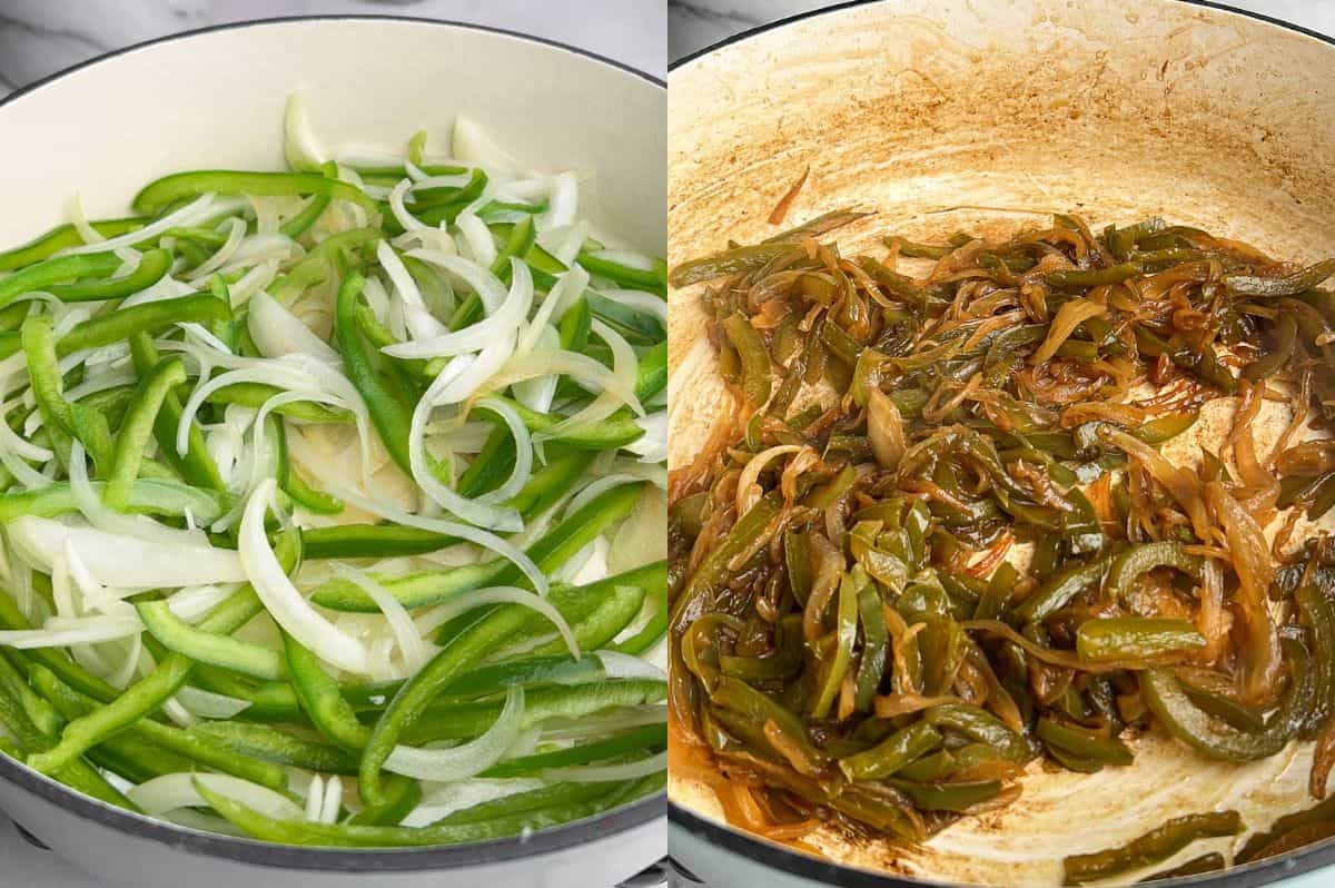 Process shot of caramelizing onions and bell peppers.