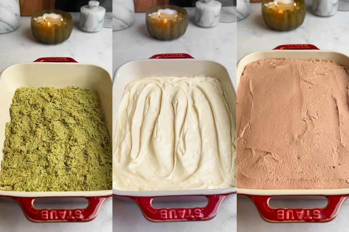 With layers of crispy kataifi, pistachio cream, and chocolate whipped cream, this Dubai chocolate cheesecake is a dream come true. Process shots showing how to layer together the components of Dubai chocolate cheesecake.