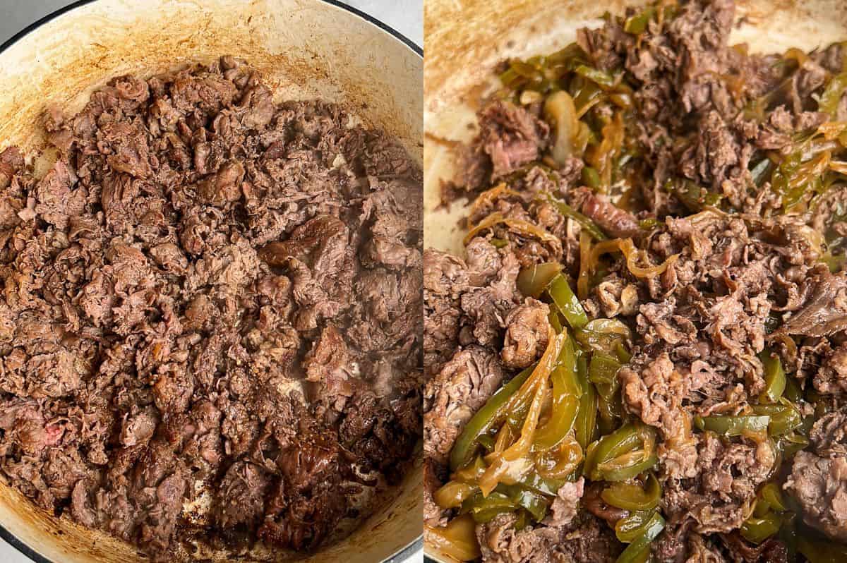 Side by side images; one showing browned shaved ribeye and one showing that same ribeye mixing with caramelized veggies.