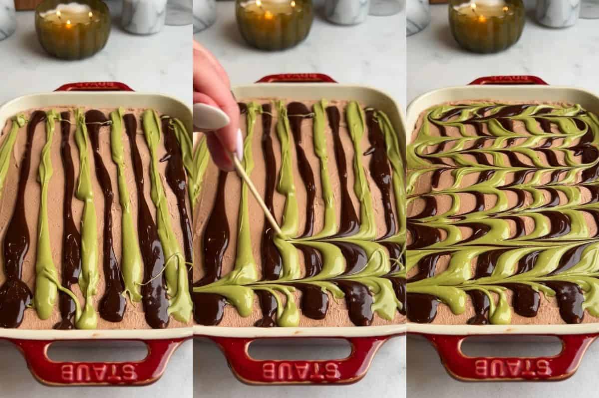 With layers of crispy kataifi, pistachio cream, and chocolate whipped cream, this Dubai chocolate cheesecake is a dream come true. Process shorts showing how to swirl hot fudge and pistachio cream into the top of Dubai chocolate cheesecake.