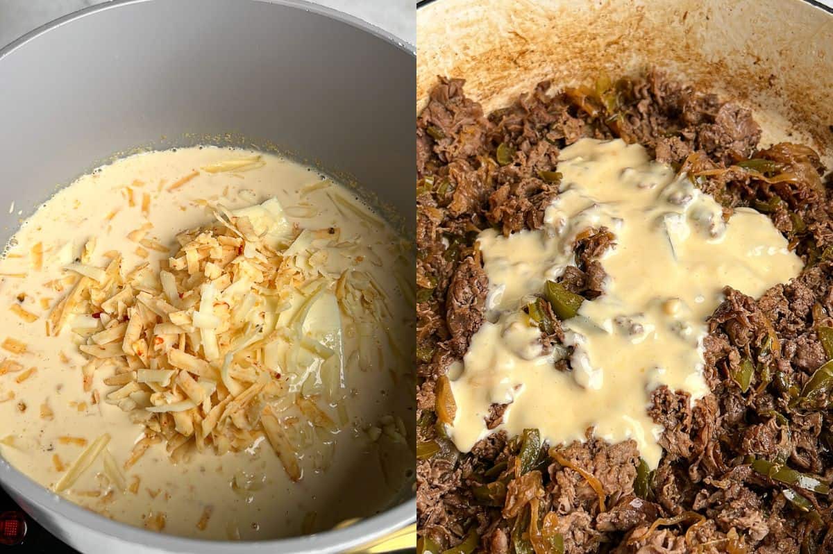 Side by side images; one shows adding cheese to homemade cheese whiz and the other shows adding that cheese whiz to a mixture of browned beef and caramelized veggies.