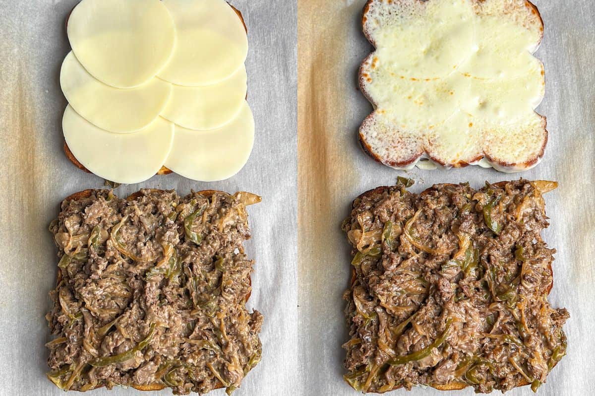 Side-by-side images showing how to assemble and broil Philly cheesesteak sliders.
