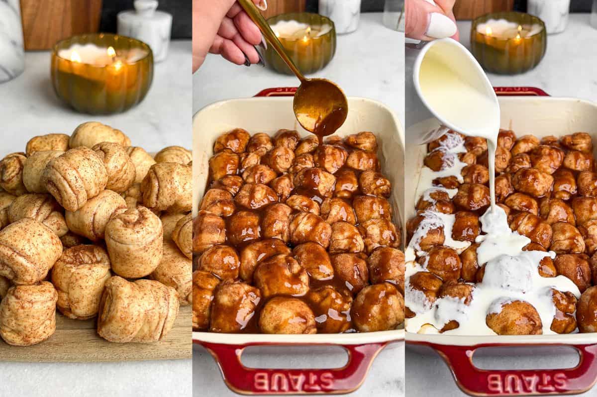 Gallery of images showing how to assemble cinnamon roll bites before baking.