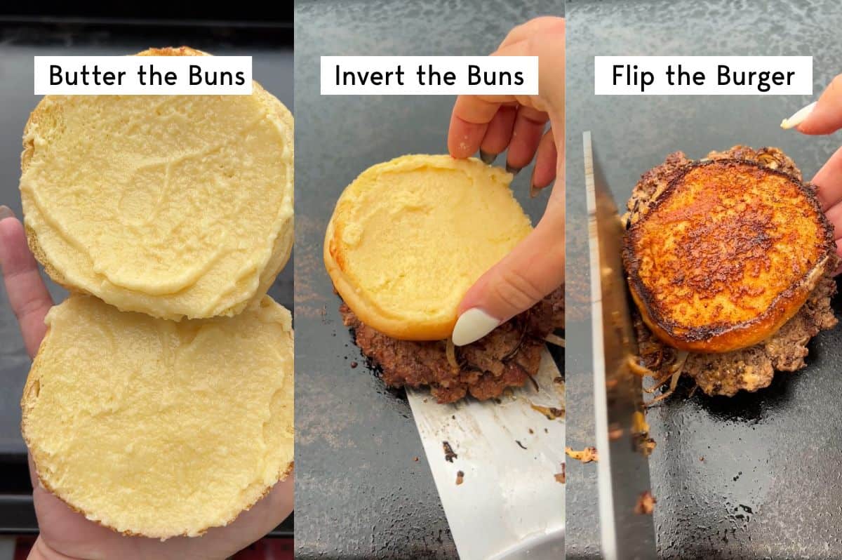 recipe steps for making the smashburger on a griddle