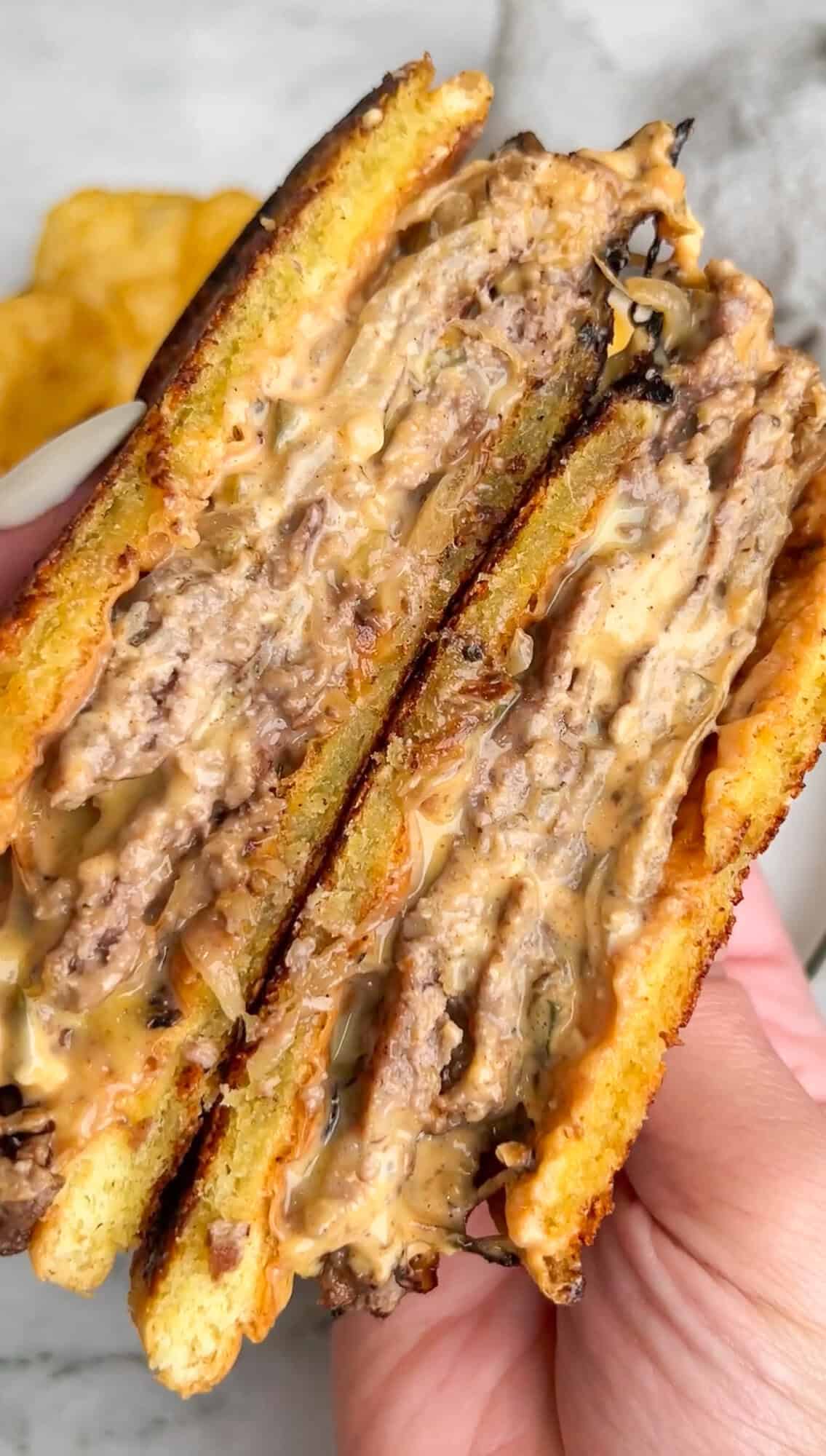 smashburger grilled cheese sliced in half