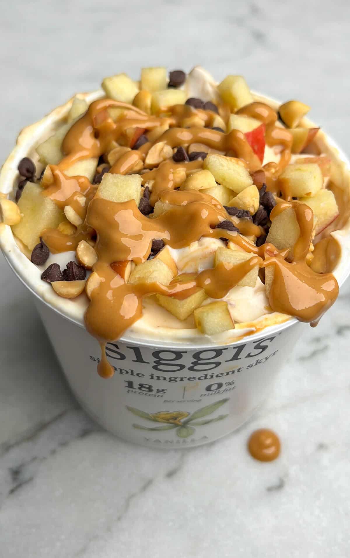 snickers apple salad in a yogurt container (method 2)