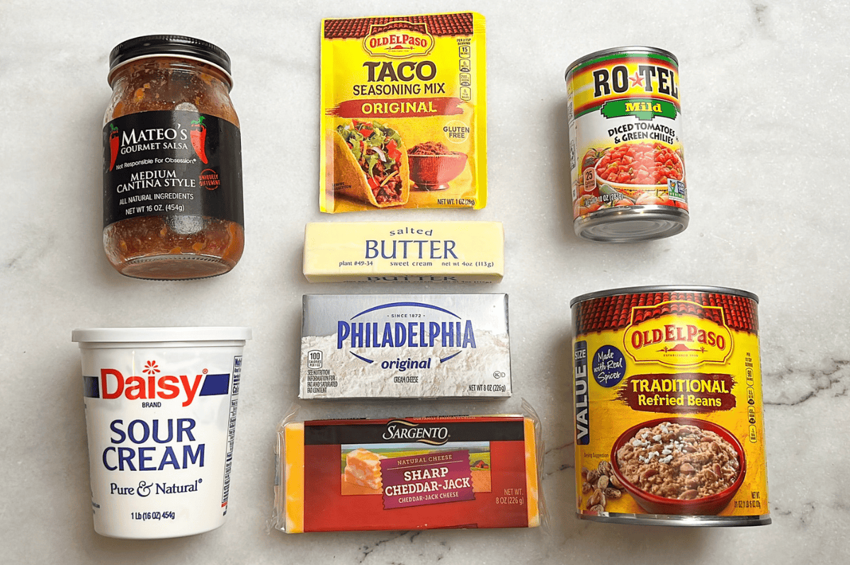 Ingredients for cheesy refried bean dip.