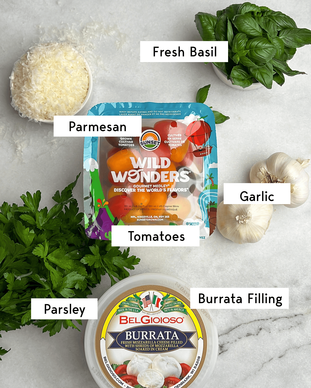 Labeled ingredients for tomato burrata dip.