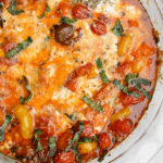 Overhead image of tomato burrata dip.