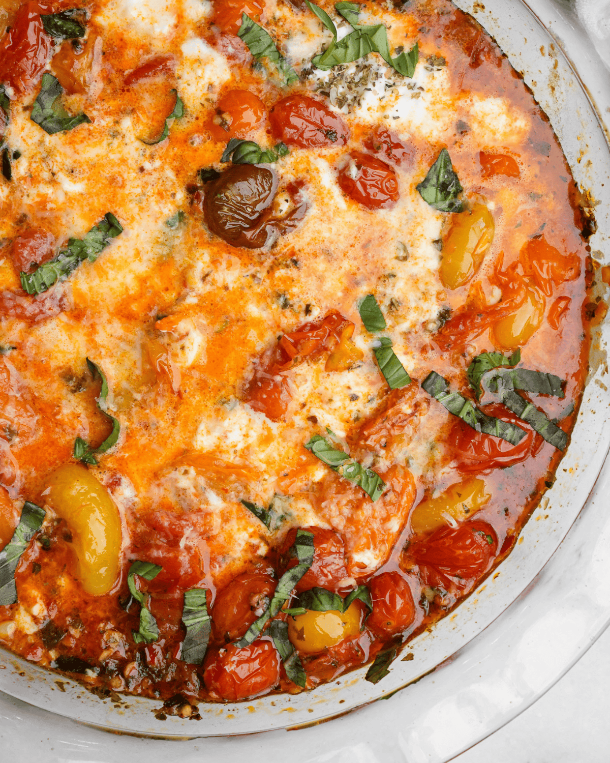 Overhead image of tomato burrata dip.