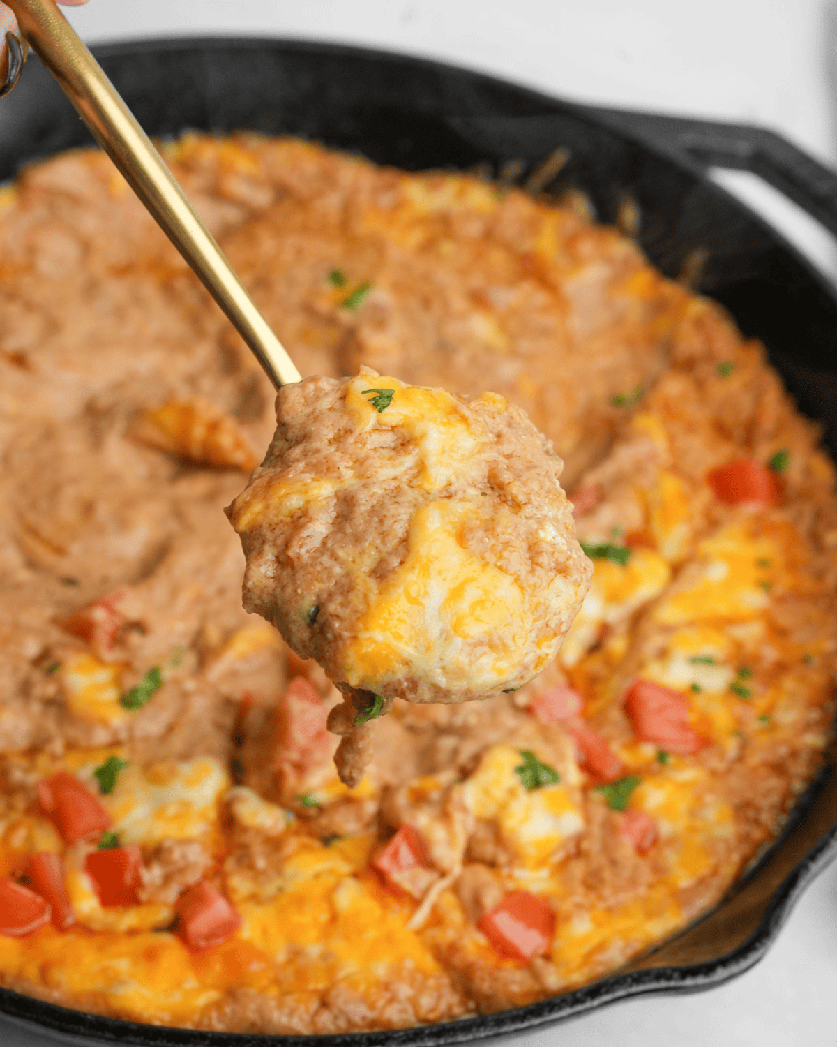 A spoon holding up a scoop of cheesy refried bean dip.