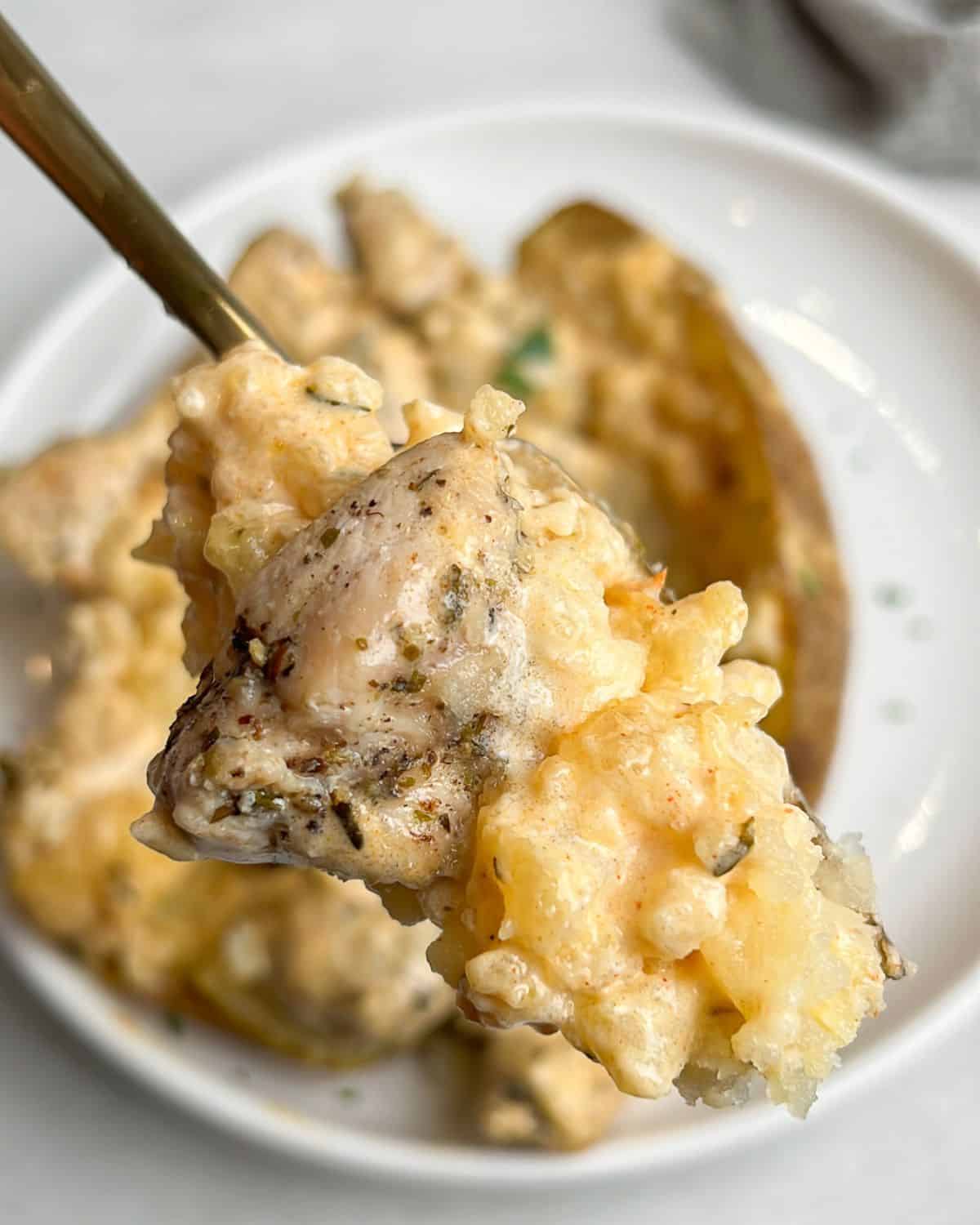 A fork holding a bit of chicken alfredo stuffed potato to the camera.