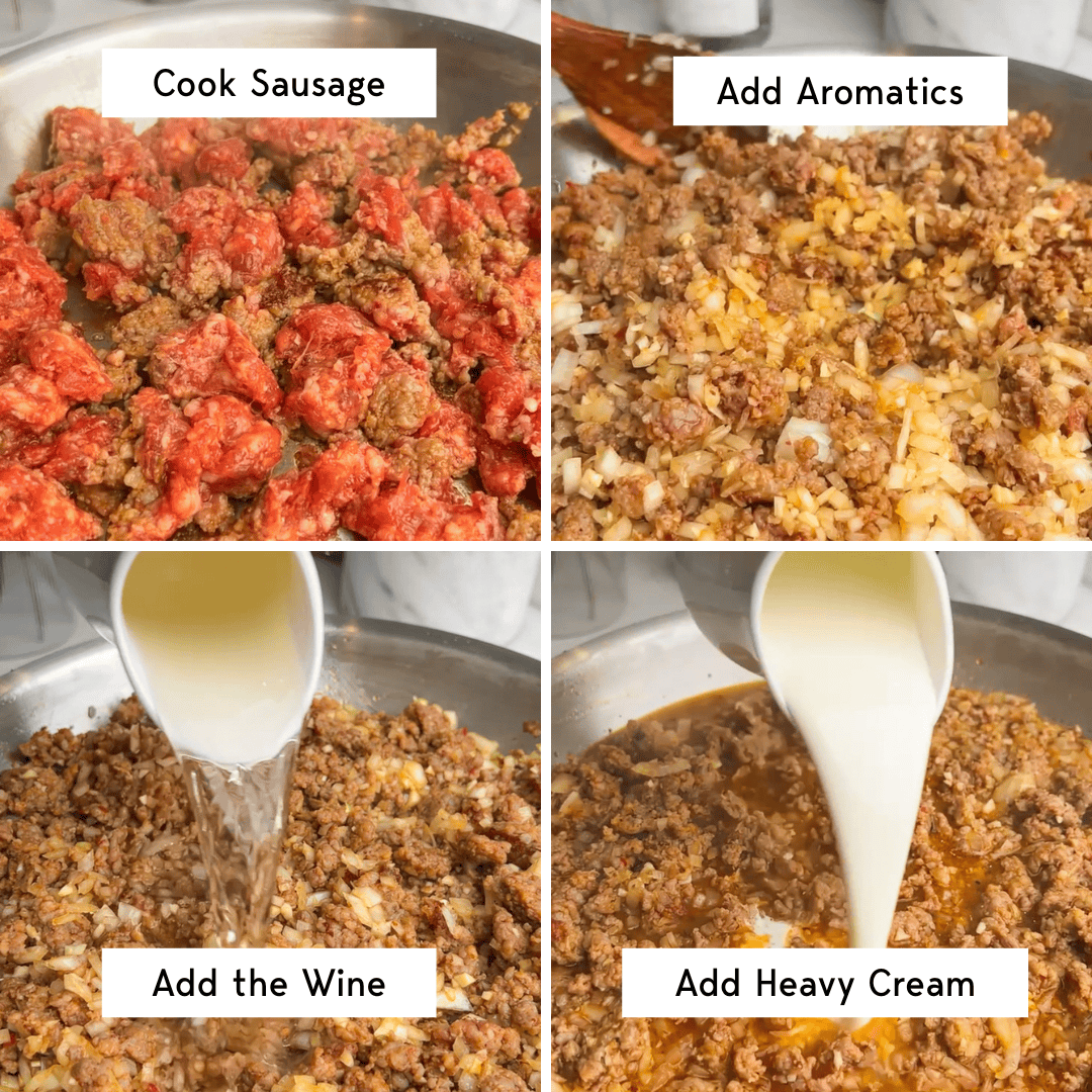 This creamy, spicy Italian sausage pasta comes together in just 30 minutes, and the luscious, cheesy white wine sauce is to die for. A gallery of images showing how to brown the sausage and build the sauce for Italian sausage pasta.