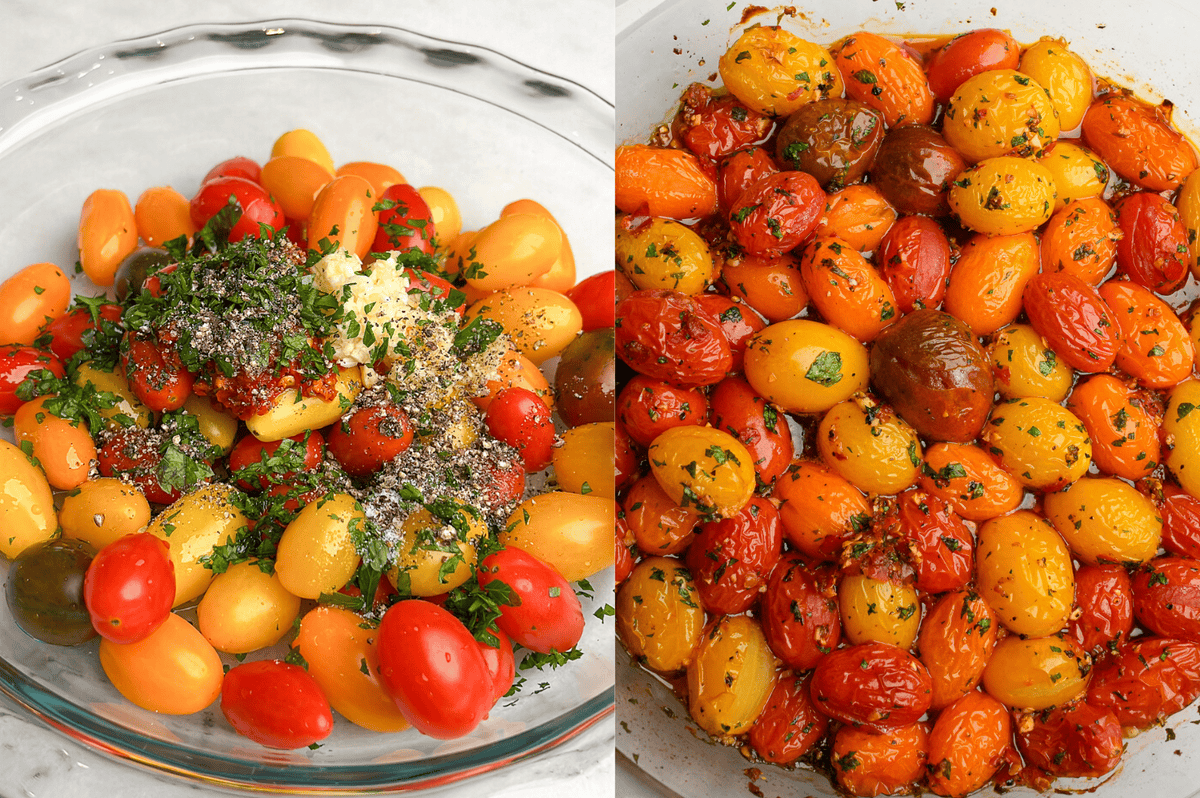 Process shots showing seasoned cherry tomatoes that are then roasted to juicy, tender perfection.
