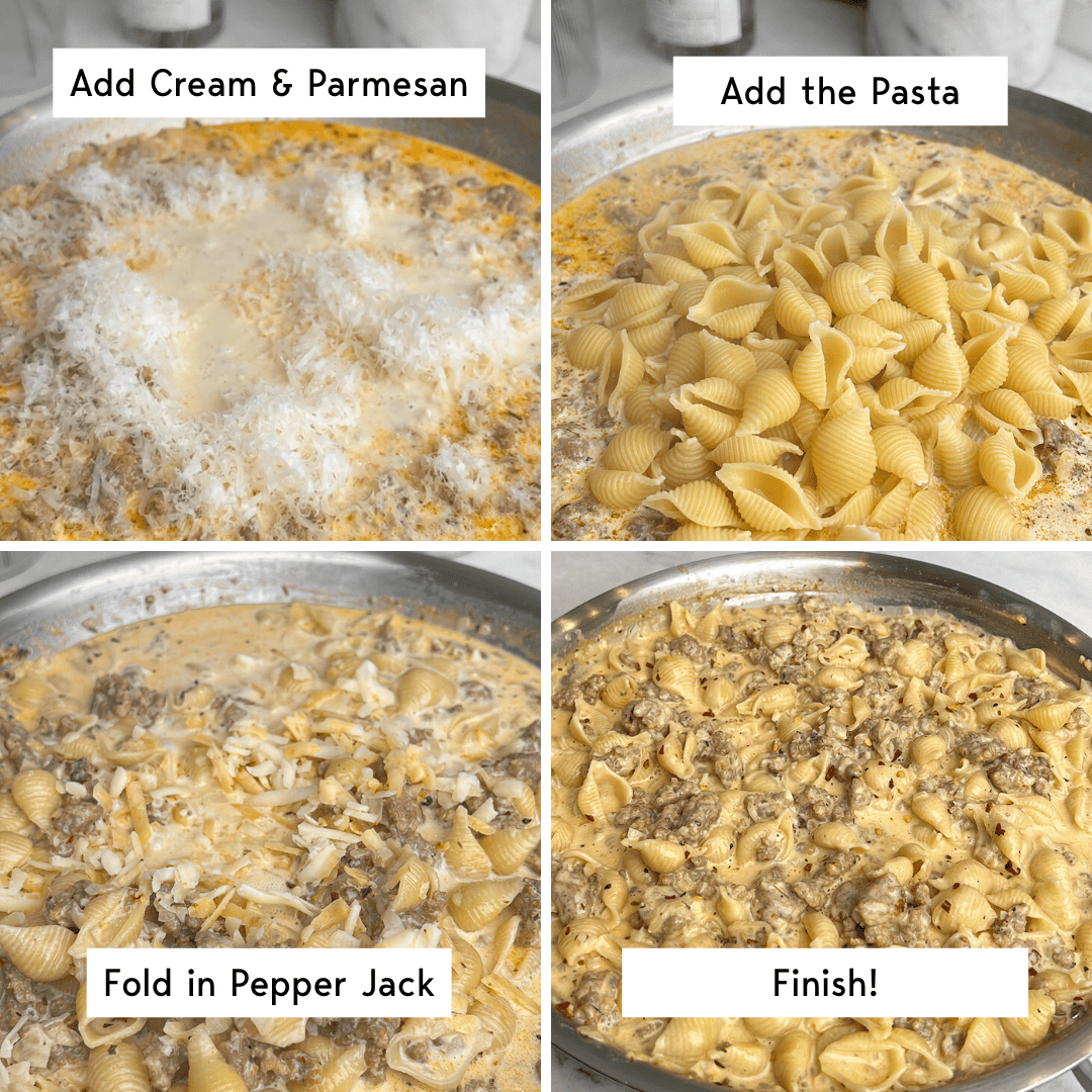 This creamy, spicy Italian sausage pasta comes together in just 30 minutes, and the luscious, cheesy white wine sauce is to die for. A gallery of images showing how to incorporate the cheeses and pasta into Italian sausage pasta.