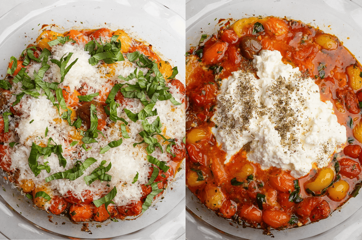 Process shots showing how to add parmesan, basil, and stracciatella to roasted cherry tomatoes of Calabrian peppers.