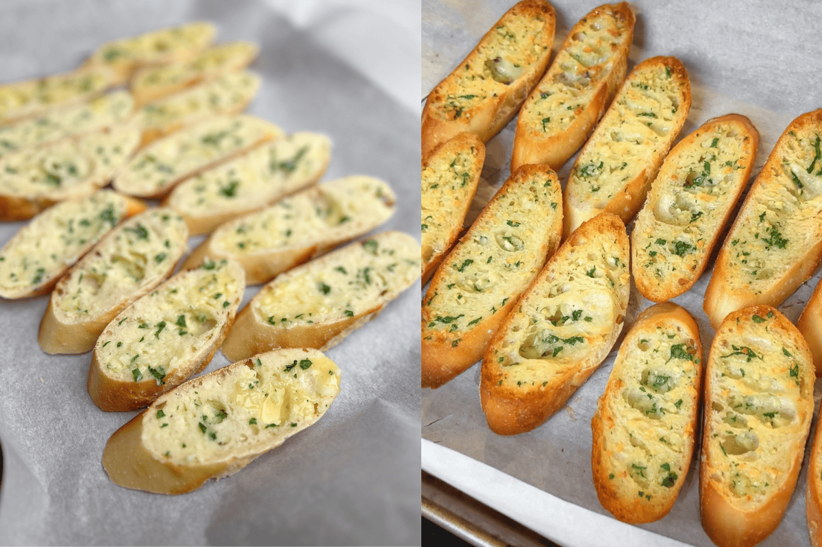 Process shots showing how to make garlic bread.