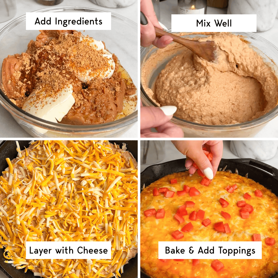 Gallery of images showing how to make refried bean dip.