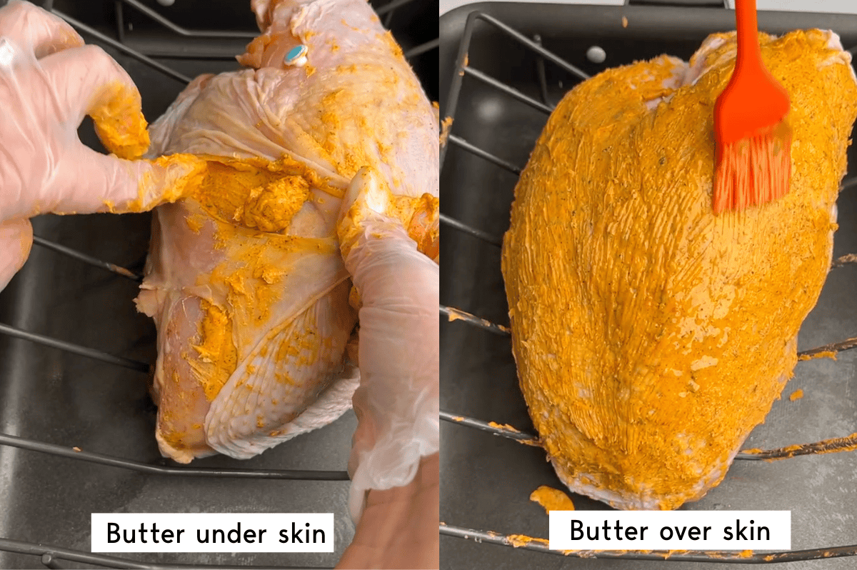 massaging cajun butter under and over the skin