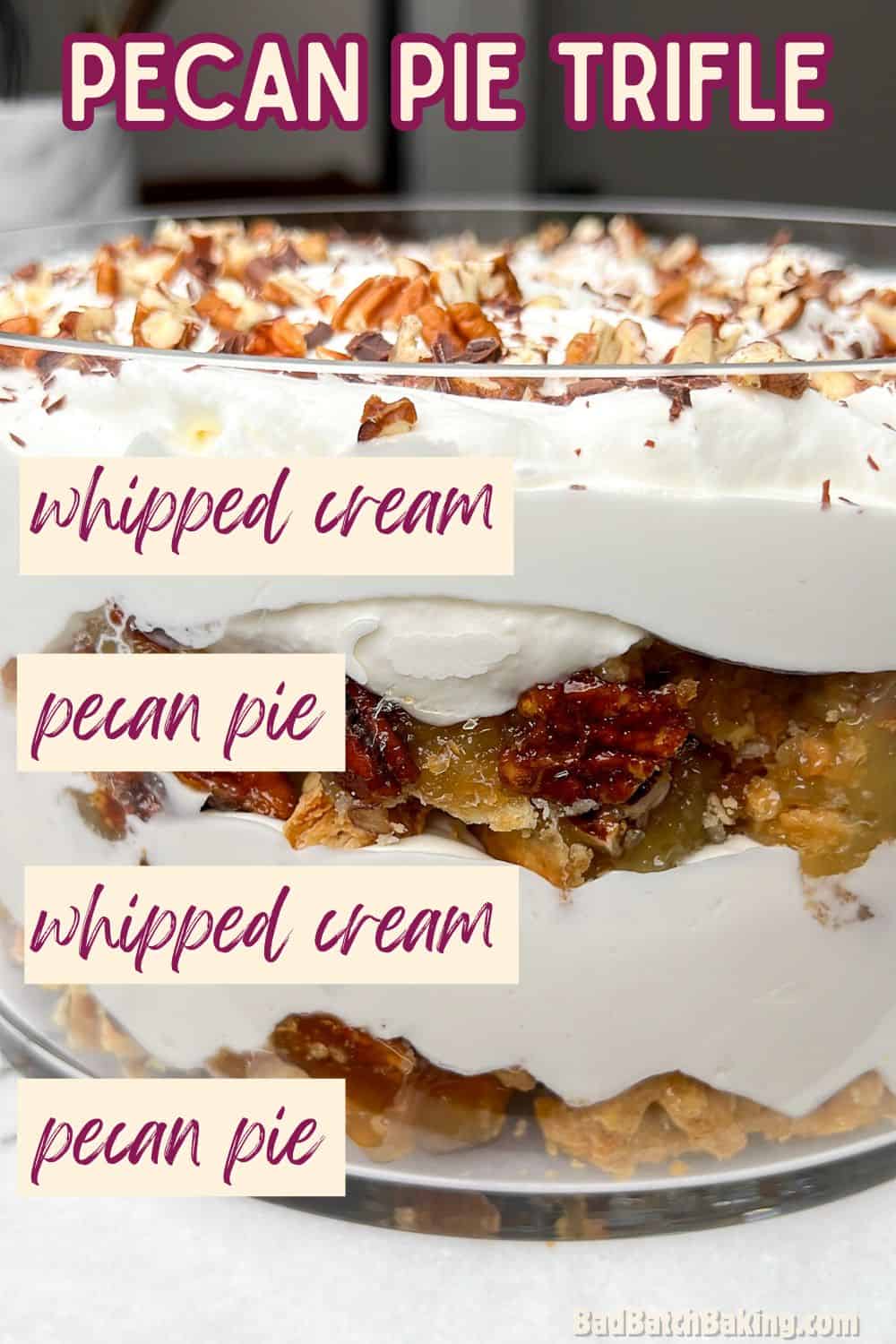 pecan pie layered with whipped cream in a trifle glass dish