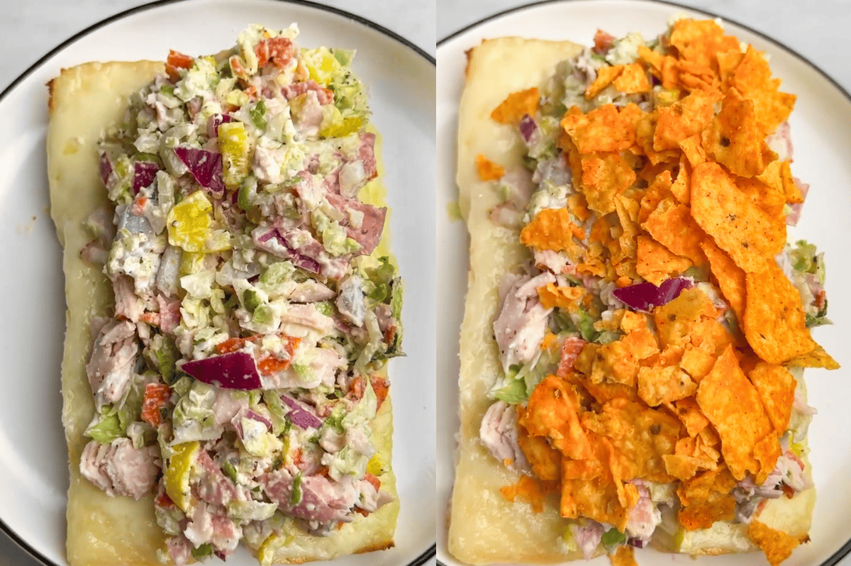 finished chopped sandwich open-face with crushed doritos on top