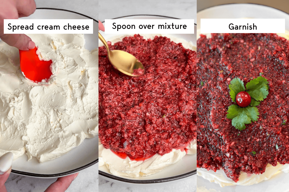 the final three steps for making cranberry cream cheese dip
