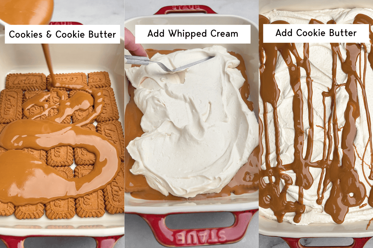 recipe steps for no-bake biscoff cheesecake