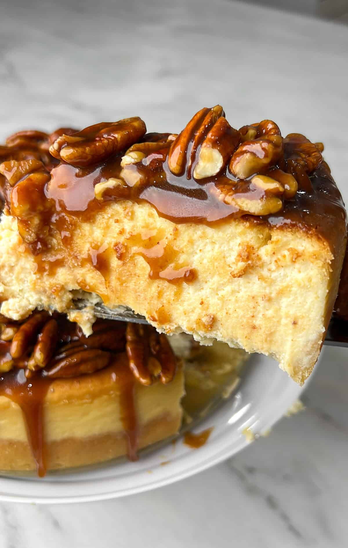 a slice of bourbon pecan cheesecake lifting off a pie plate
