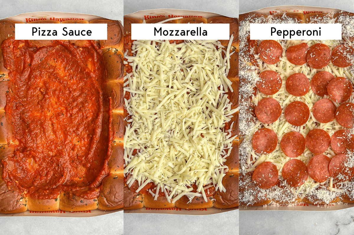 assembling the pizza with sauce, mozzarella, and pepperoni